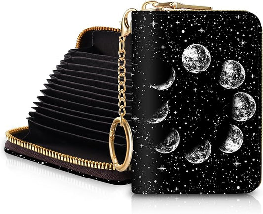 Blusabaca RFID Credit Card Holder Wallets for Women, Moon Phase Night Small Card Case Wallet with Keychain and Zipper, Leather Card Holder Pocket Business Card Accordion Wallet