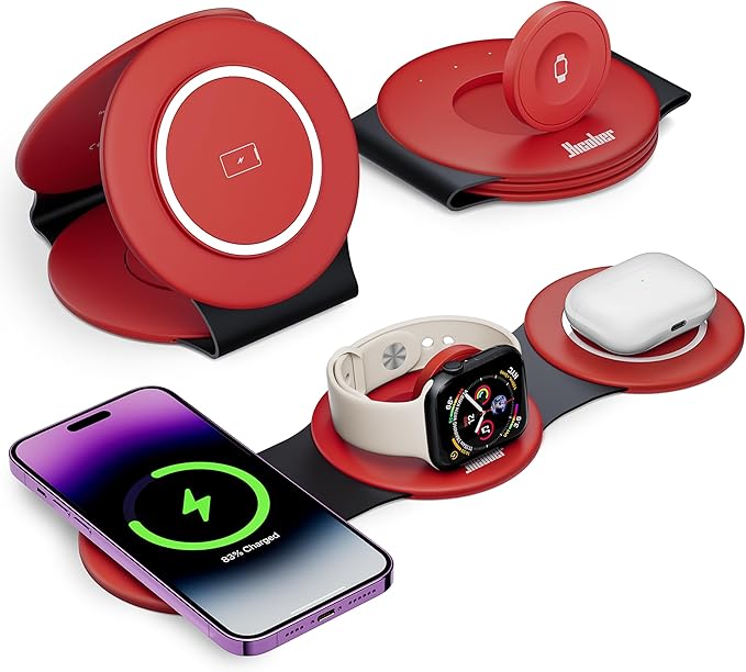 Hicober 3 in 1 Wireless Charging Station for Apple Watch and iPhone Air 17 16 15 14 13 12 Pro Max/Plus, Magnetic Foldable Wireless Travel Charger Station Stand for Airpods iWatch All Series Dark Red