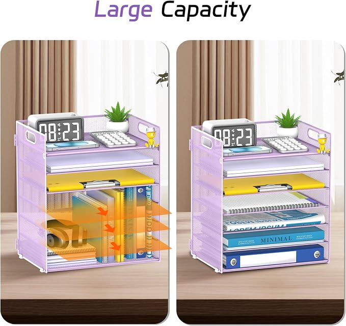 7 Tier Paper Organizer - Mesh Desktop File Holder with Handles for Office School Desk, Black (Purple)