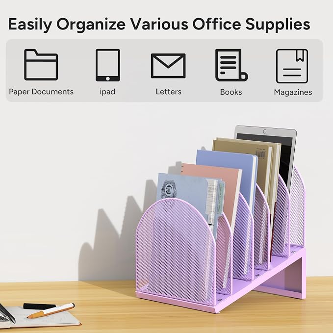 5-Section Desk File Organizer, Metal Mesh Folder Organizer for Documents, Mail & Office Papers (Purple)