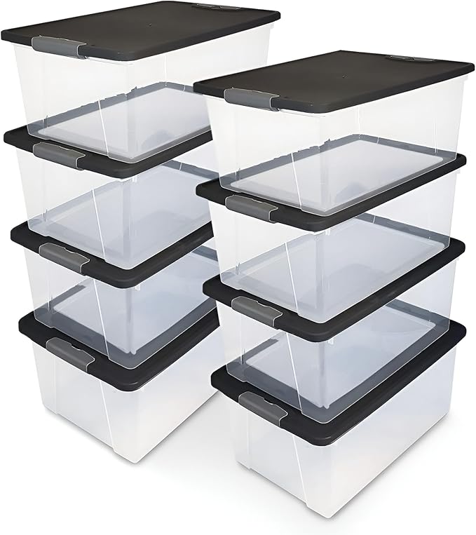 HOMZ 8-Pack Snaplock, Small Clear Plastic Storage Organizer Bins with Lids, 15 Quart, Gray - Stackable Container Boxes for Bedroom, Bathroom, Garage, and Office Organization
