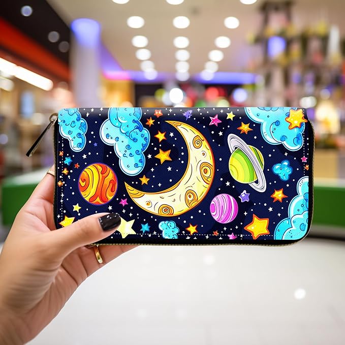 Wallet,Leather Long Wallet Suitable For Ladies And Teenagers - Detachable Wristband + RFID Travel Wallet With Card Slot - Colored Universe