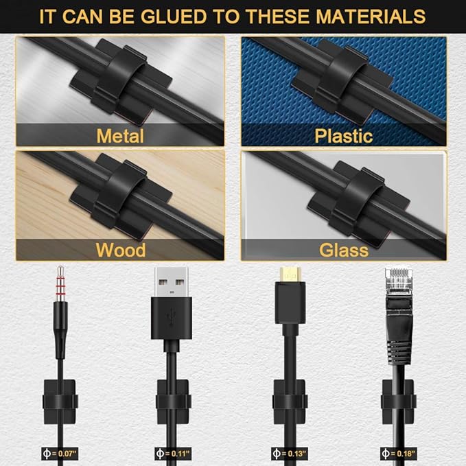 Cable Clips Adhesive Cord Organizer, Management 3M Cable Ties Wire Clips Organizer Cable Clamp Holders for Desk Car Tables PC Laptop TV Home Office Walls (0.75"x0.6", 30pcs, Black)