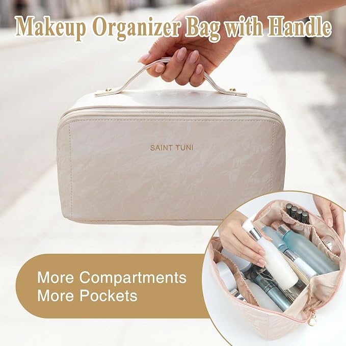 Cosmetic Bag,Travel Makeup Bag, Large Capacity Cosmetic Bags for Women, Waterproof Portable Open Flat Toiletry Bags,Makeup Organizer Bag with Divider and Handle, Cosmetic Pouch Gifts for Women (Pink)