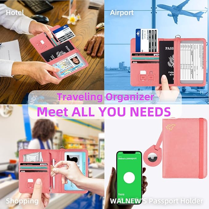 WALNEW AirTag Passport Holder, PU Leather Airtag Wallet RFID Blocking Passport Cover Travel Essentials Case for Women Men (Dark Pink)