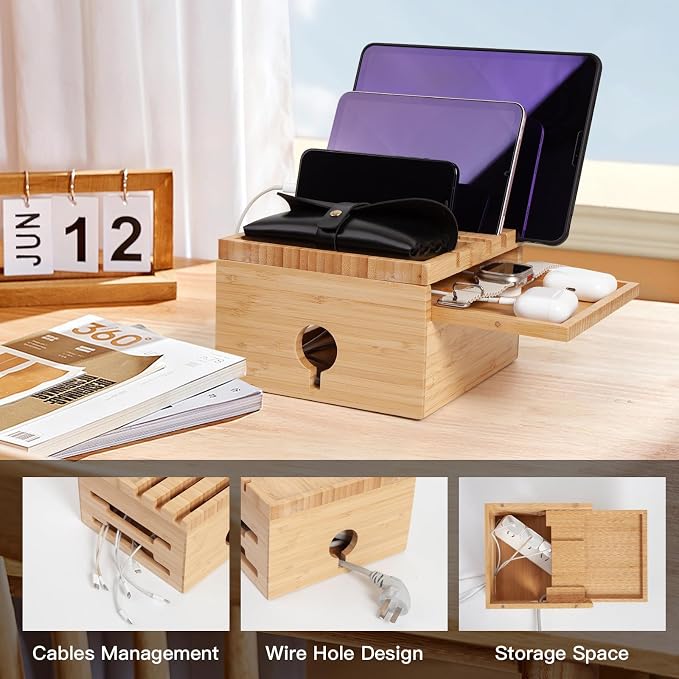 Bamboo Charging Station Organizer, No USB Charger and Cables | Nightstand Docking Station with Small Tray, Desktop Wood Charger Organizer, Compatible with Cell Phone, Tablet, Earphones