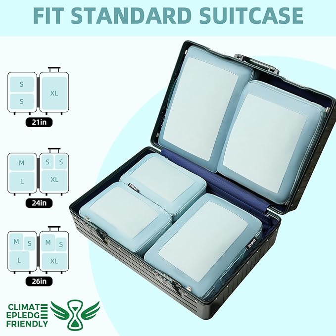 BAGAIL 4 Set/6 Set/8 Set Compression Packing Cubes Travel Accessories Expandable Packing Organizers (Square Mesh, 06-Dusty Blue)