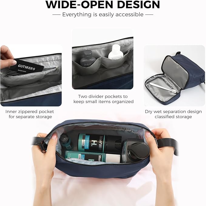 SINLAND Travel Toiletry Bag Water-resistant with Hanging Hook for Mens Large Packing with Waterproof Wet/Dry Compartment Travel Shower Bags Travel Toiletry Organizer Dopp Kit Shaving Bag