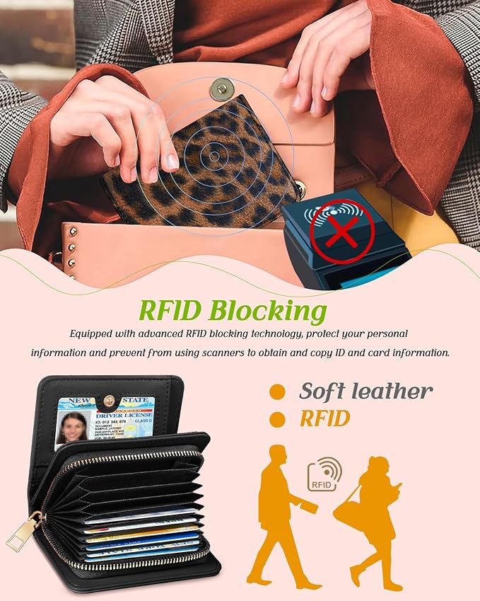 Bistup Credit Card Holder Wallet for Women Cute Leather Ladies Teen Girls Female Cardholder Wallets Accordion Purse Small Medium Aesthetic Print Leopard Modern Design Rfid Zipper Around