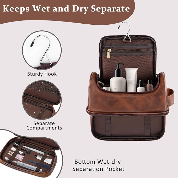 Personalized Graduation Gifts PU Leather Waterproof Toiletry Bag for Men Him, Unique Initials Mens Shaving Bag Cool Travel Essentials College Graduates Graduation Presents, Reddish Brown L