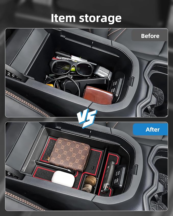 Armrest Organizer and Center Console Organizer for 2025-2020 Toyota RAV4, Center Console Organizer with Removable Rubber Mat, Center Console Tray Custom for Toyota RAV4 Accessories, Red