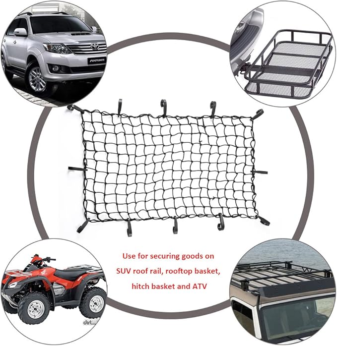 CZC AUTO 22"x38" Black Latex Bungee Cargo Net Strech to 44"x76", Luggage Netting with 2"X2" Small Mesh and 12 Adjustable Plastic Hooks for Rooftop Cargo Carrier Roof Rail Rack Hitch Basket SUV, 2 Pack