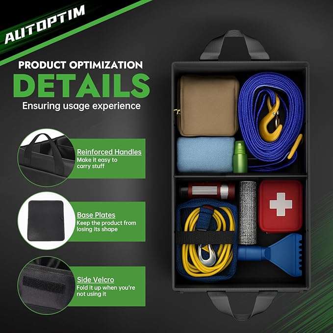 AUTOPTIM Car Trunk Organizer - 60L Collapsible Car Organizer with Non Slip Bottom for Groceries, Trunk Storage with Base Panel for SUV Sedan Van, 2 Compartments (Black, Medium)