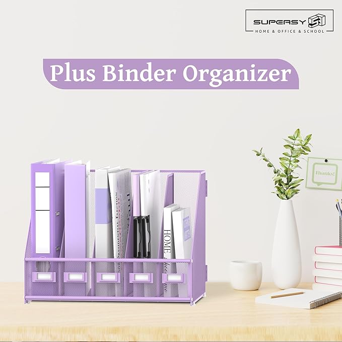 SUPEASY Desk Organizers Metal Desk Magazine File Holder with 5 Vertical Compartments Rack File Organizer for Office Desktop, Classroom, Home Workspace, Purple Plus