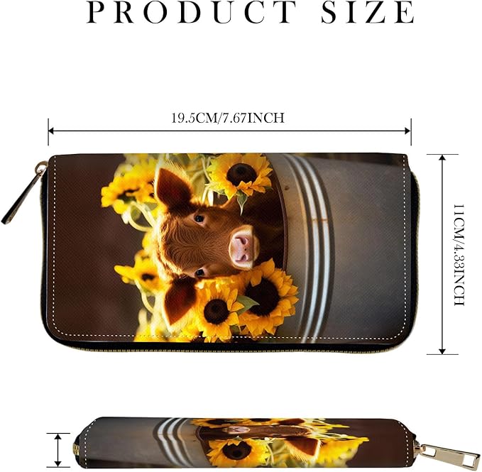 RFID-Blocking Zip Around Wallets for Women with Detachable Wrist Strap,Large Capacity Phone Holder with Card Organizer & Coin Pocket,Cow with Sunflowers