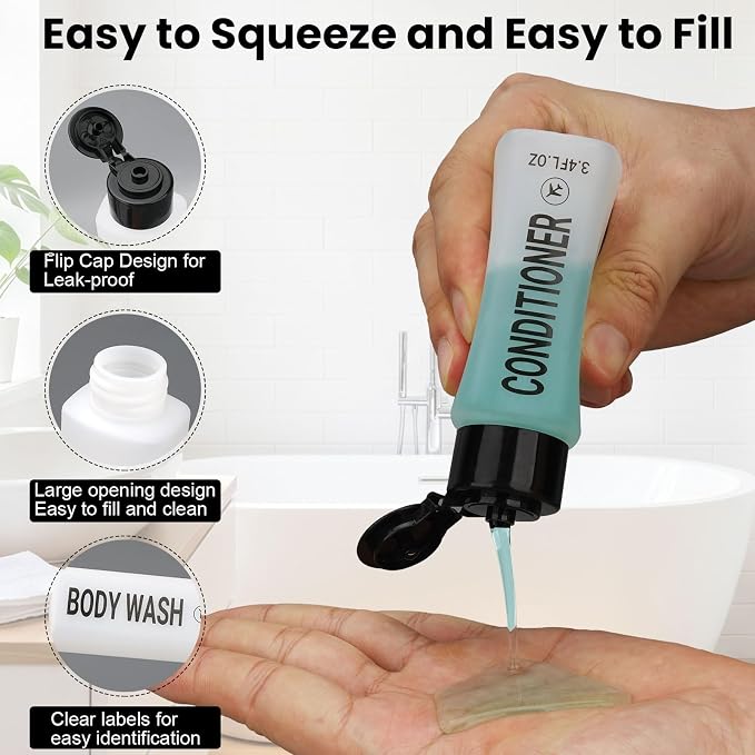 14PCS 3.4oz Travel Bottles for Toiletries Pre-Printed Shampoo, Conditioner, Body Wash, Wide Mouth Containers TSA Approved 2oz Travel Spray Bottle Leak Proof Plastic Cream Jars(Black&White)