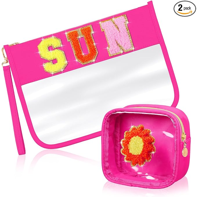 Hillban 2 Pcs Sunscreen Chenille Letter Bags Makeup Cosmetic Bag Waterproof Sun Travel Pouch Beach Pool Things Summer Stuff Preppy Patch Traveling Accessories for Women (Sun Theme)