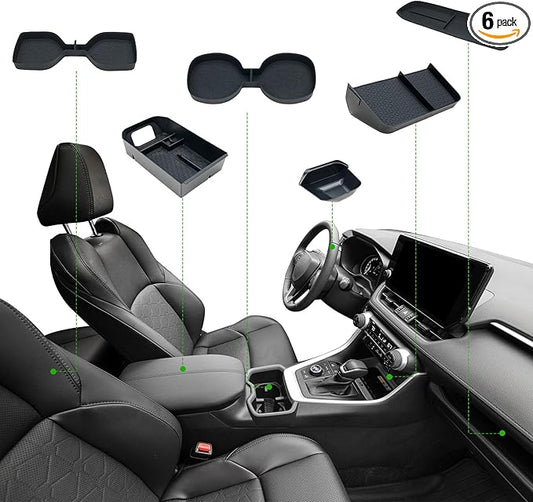 ELECFRESH 6PCS Center Console Organizer Tray for 2025 2024-2019 Toyota RAV4 Accessories, Armrest Storage Box, Driver Storage Drawer, Passenger Storage Mat Console Cup Holder Inserts for Toyota RAV4