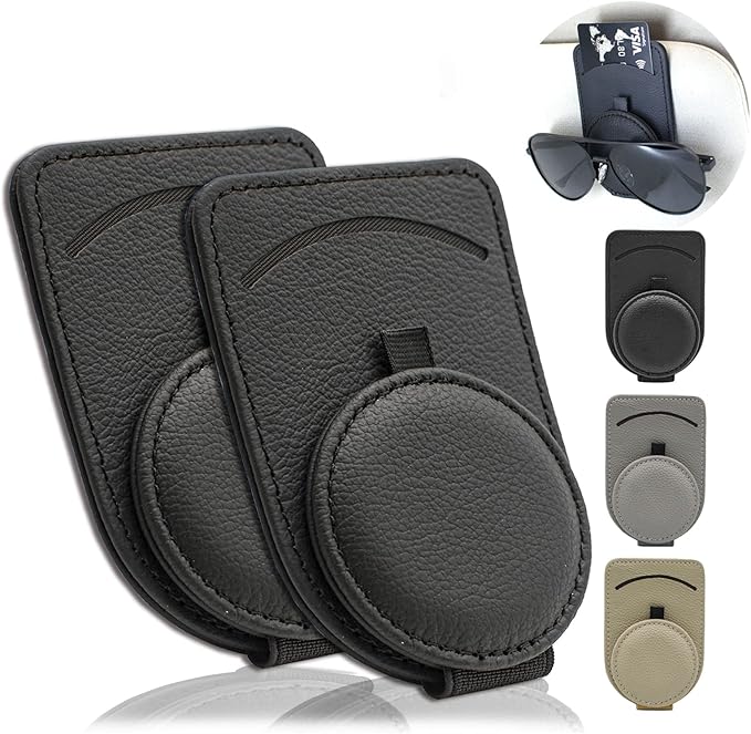 Sunglass Holder for Car Visor, Magnet Adsorbed Sunglasses Holder for Car Accessories Parts, Leather Car Sunglass Holder, Car Visor Sunglasses Clip for Glasses Cards (2PCS, Black)