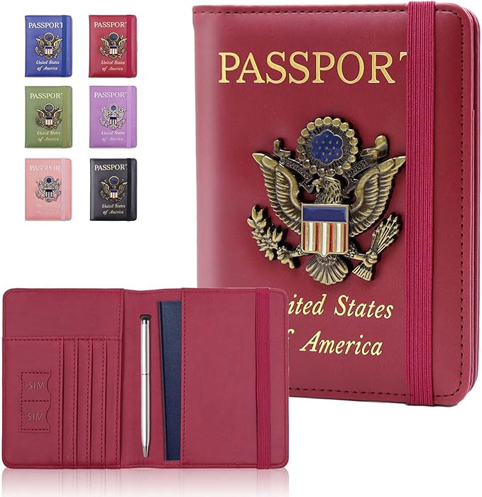 Cnycmy Passport Holder for Travel, Pu Leather Travel Wallet, RFID Blocking, Metal United States Coat of Arms, Waterproof cover for Family (Burgundy)