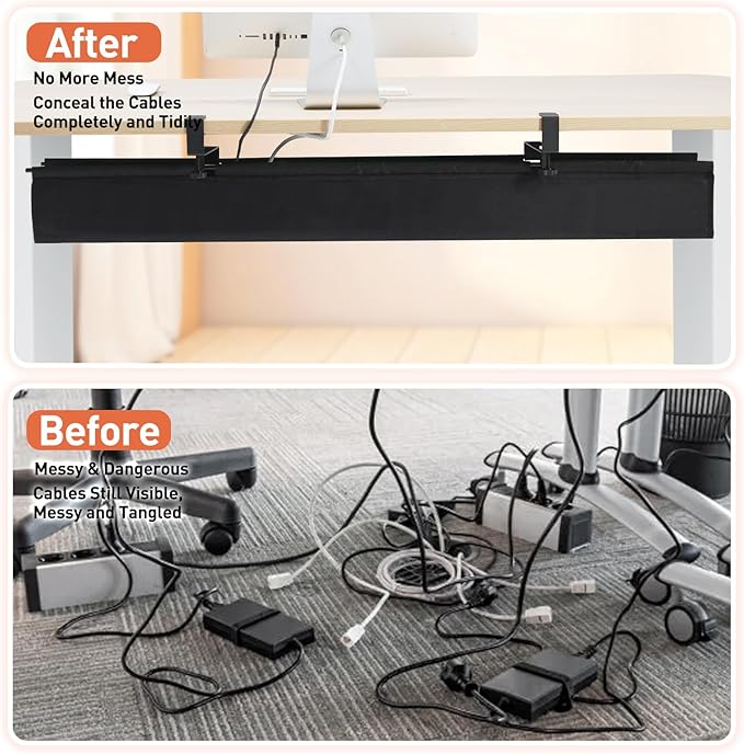 MAXECHO Under Desk Cable Management Tray 48" - Clamp on Wire and Cable Organizer for Storage and to Hide Cords - Ideal for Home Office - Premium Black Fabric Design