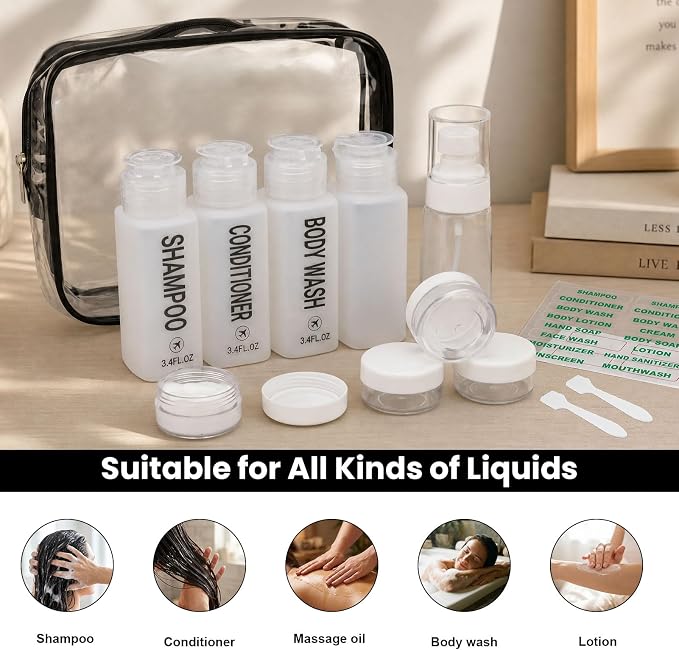 Travel Bottles for Toiletries 14PCS 3.4oz Pre-Printed Shampoo, Conditioner, Body Wash, Wide Mouth Containers TSA Approved 2oz Travel Spray Bottle Leak Proof 0.35oz Plastic Cream Jars(White)