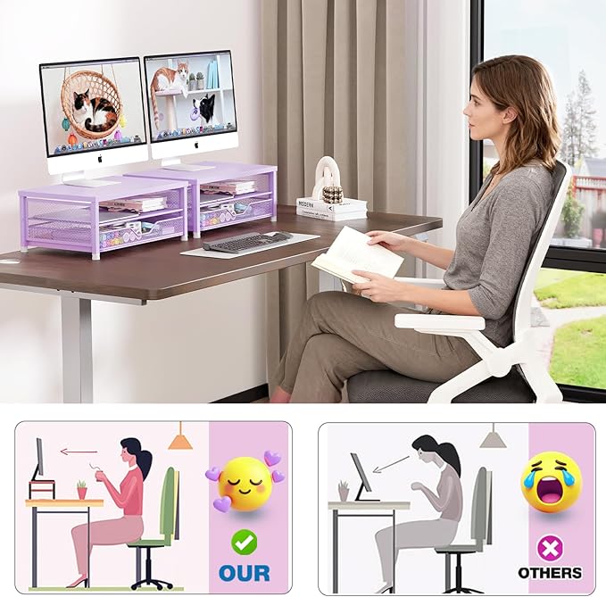 OPNICE Computer Monitor Stand Riser, Desk Organizer with Drawer, Printer & Laptop Stand, Office Desk Accessories & Workspace Desktop Organizers Storage for Office Supplies(Purple)