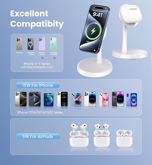 Magnetic Wireless Charger iPhone, 2 Pack 15W Fast Mag-Safe Charger Stand for iPhone 17/17 Air/17 Pro/17 Pro Max 16/15/14/13/12 Series, Wireless Charging Station for Pad/AirPods(White)