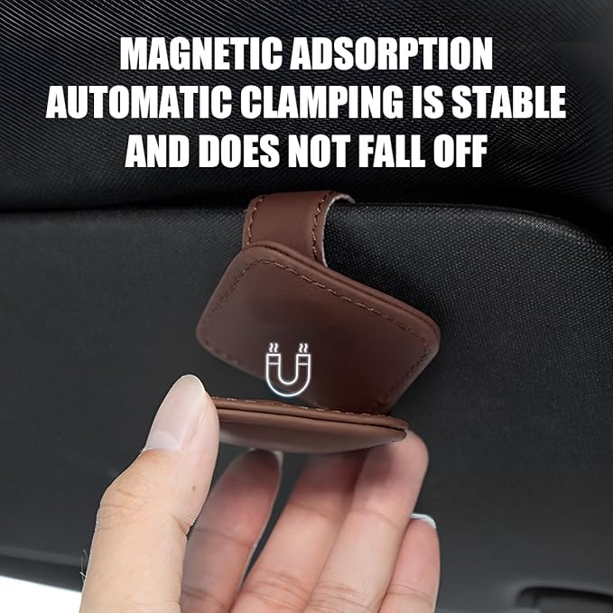Sunglasses Holder for Car Visor, Magnetic Leather Vehicle Glasses Ticket Card Clip, Automotive Interior Eyeglass Hanger Organizer Accessories, Universal for SUV, Sedan, Truck (Brown)