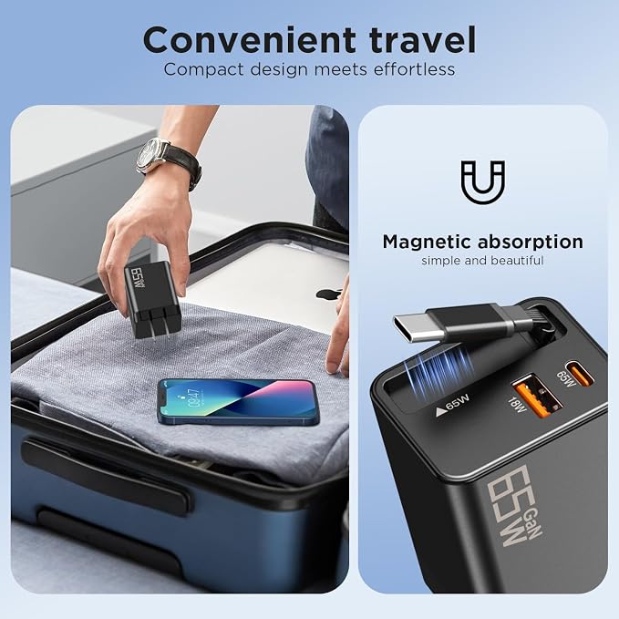 65W GaN USB C Charger with Retractable Charging Cable, 3-Port Power Adapter | Fast travel charger for MacBook, iPhone 17 16 15, Samsung Galaxy S24, iPad, multi port compact wall charging block, black