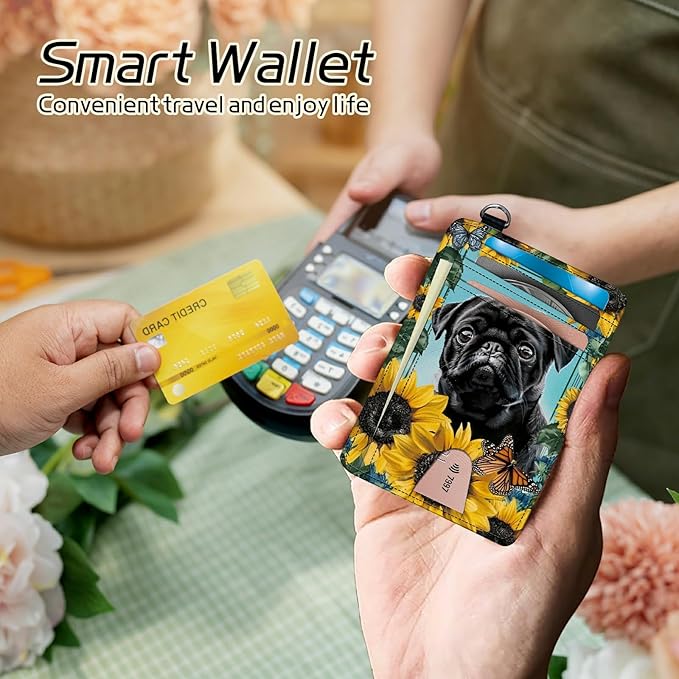 Small Travel Wallets, Sunflower Pug Slim Minimalist Front Pocket Wallet with Wristlet, RFID Blocking PU Leather Credit Card Holder with ID Window Change Purse for Men Women