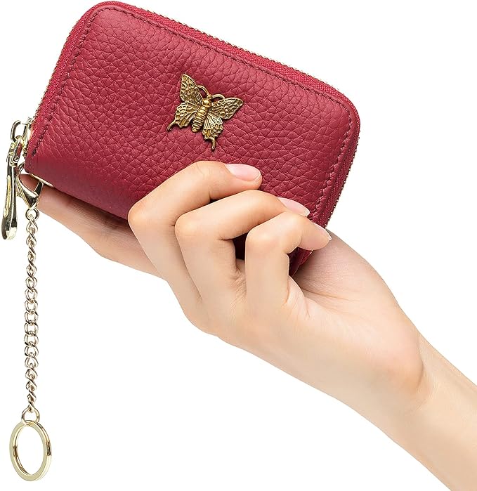 imeetu RFID Credit Card Holder for Women Genuine Leather Card Case Wallet with Zipper and Removable Keychain (Red)