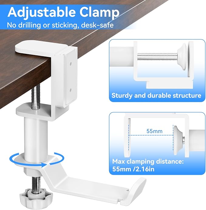 4 in 1 Desk Cup Holder with Storage - Clamp on Under Desk Headphone Hanger - Detachable Pen Cup Holder Desktop Storage for Desktop Attachments Accessories (White)