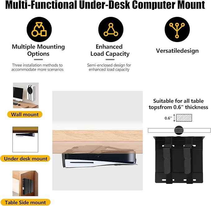 SFF Under Desk PC Mount and Wall Mount Bracket, Heavy-Duty Steel Adjustable CPU Holder for Small Form Factor Towers, UPS, Mini PC, Versatile Mounting with Straps & Hardware Included