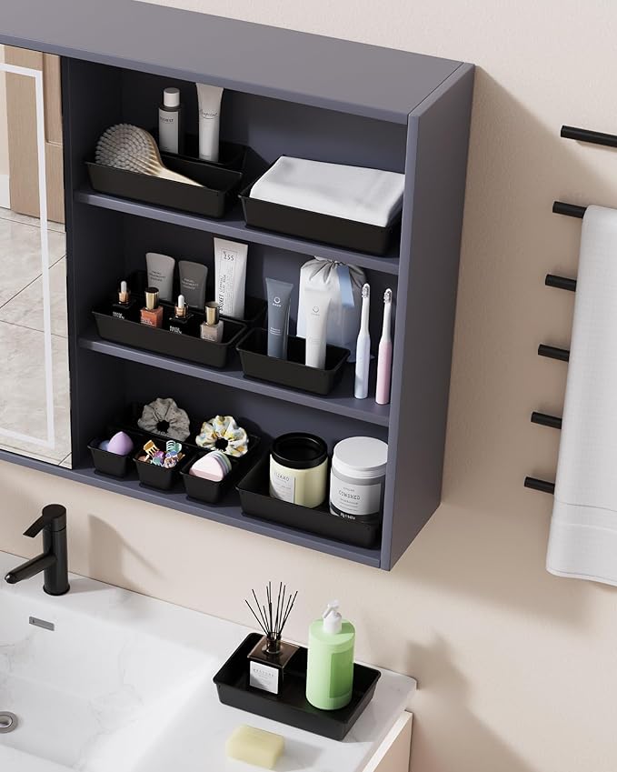 BiuLeon 25 PCS Plastic Drawer Organizers Set, 4-Sizes Vanity and Makeup Organizer, Desk and bathroom Drawer Organizer Trays, Organizers and Storage for Makeup, Jewelry, Gadgets, Utensils (Black)