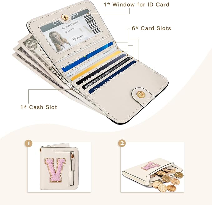 COSHAYSOO Preppy Wallet Gifts for Teen Girls Women Small Wallet RFID Bifold PU Leather Christmas Valentines Easter Mothers Fathers Day Nurse Appreciation Graduation Gifts Chenille Letter V Cream