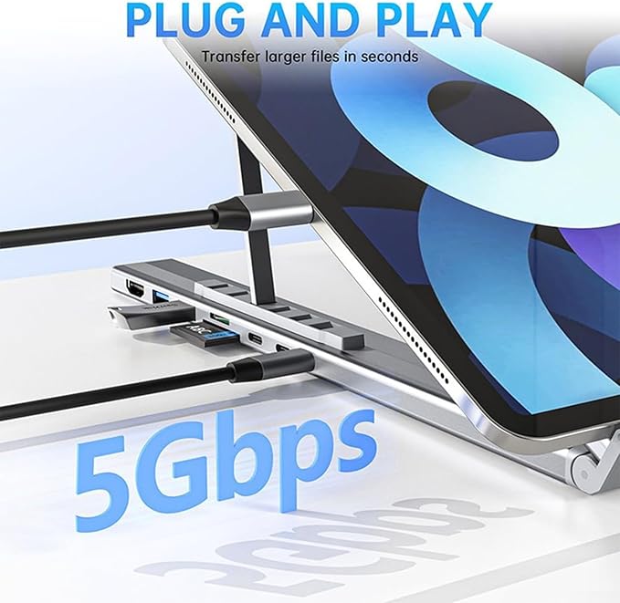 Ergonomic Notebook Dock ??Laptop Stand Workstation | Multiport usb c Adapter 8 in 1 Hub with Fast Charge, Adjustable Height Tablet Holder, Desktop Organizer for Remote Office, Home Study, gameng Setup