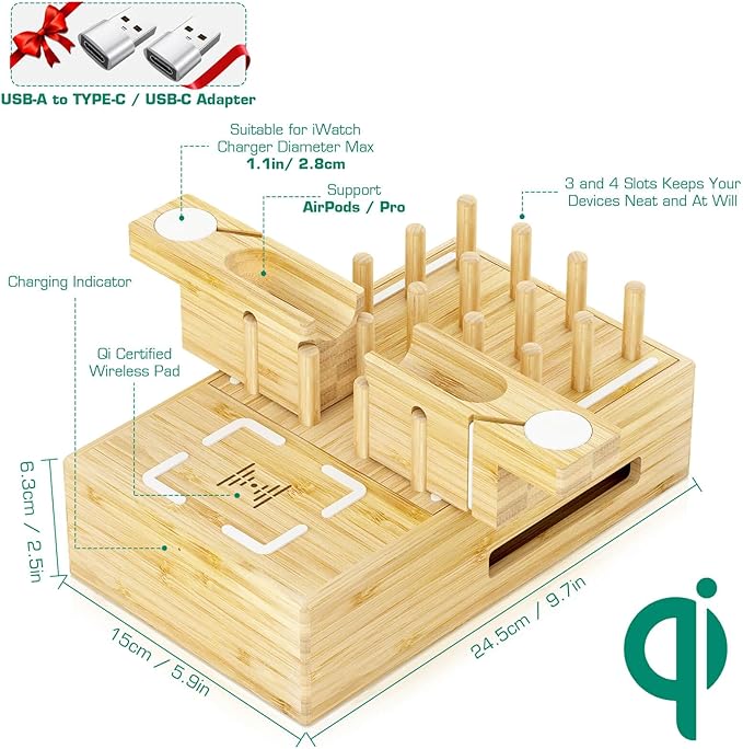 Darfoo Bamboo Phone Charging Station for Multiple Devices - Qi Certified Fast Wireless Charger & 7 USB Ports for All Phones, Tablets, Smart Watches & Earbuds (2 Stands)