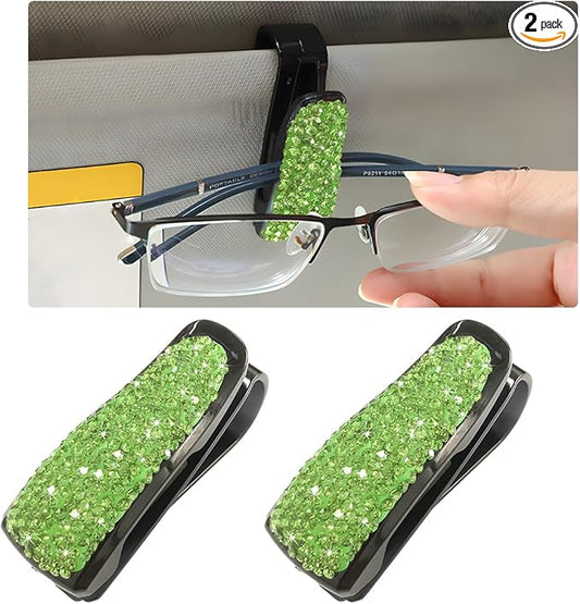 Wevdn 2 PCS Car Sun Visor Glasses Holder, Fashion Bling Car Eyeglasses Sunglasses Hanger for Women Girls, Glasses Holder Clip Hanger Mount with Ticket Card Clip, Car Accessories (Light Green)