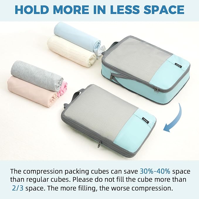 BAGAIL 6 Set Lightweight Compression Packing Cubes with Packing List, Anti-Tearing Expandable Organizer Bags for Travel, Dusty Blue
