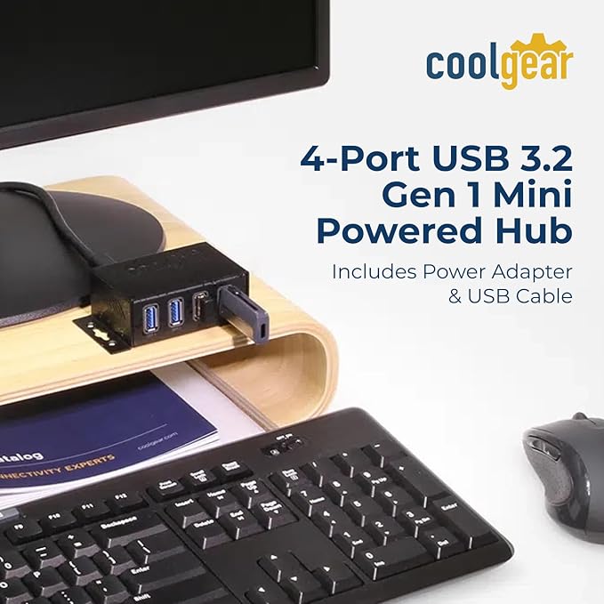 Coolgear 3.2 Gen 1 USB Hub - 4 Port USB Hub with 5Gbps Data Transfers, Mountable Metal Housing, 5V Power Adapter, ESD Surge Protection, Bus or Self Powered