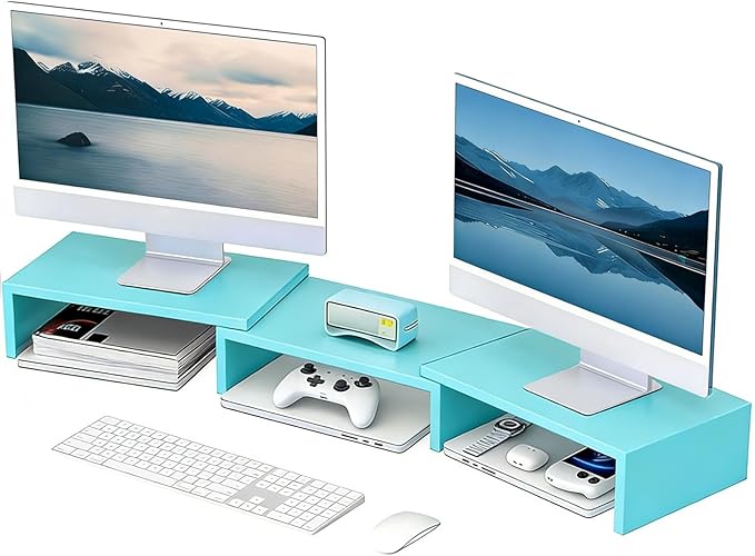 Desk Organizers and Accessories, Dual Monitor Stand Riser, Monitor Desk Shelf for Desktop Organization (Blue)