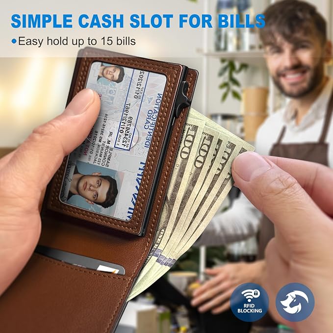 Wallet for Men, Slim Pop Up Card Holder with RFID Blocking, Minimalist Bifold Wallet with 9 Card Slots, ID Window and Cash Pocket, Metal Flip Case with Magnetic Closure, Gift Box