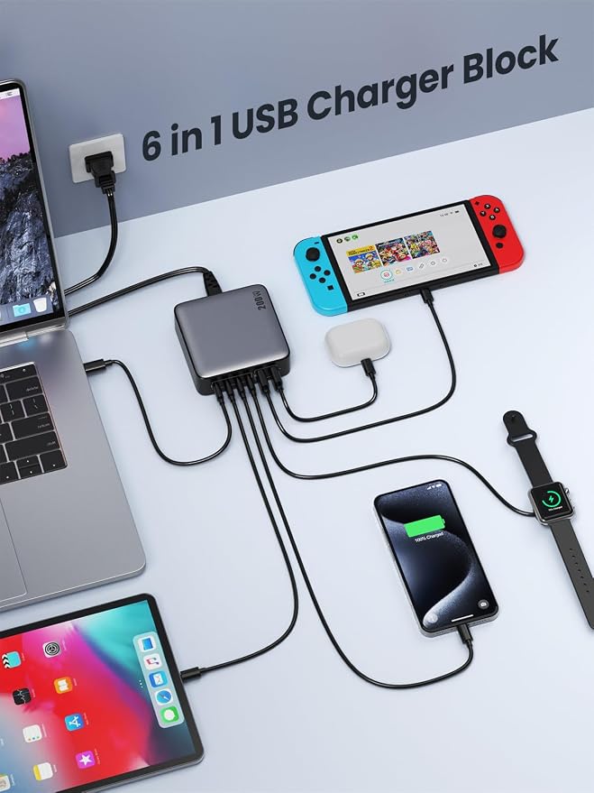 USB C Charger Block 200W[2026 Upgraded] GaN III 6 Port Fast Charging Station Hub,PD 65W USB C Laptop Charger Compatible with MacBook Pro/Air,iPad,iPhone 16/15,Galaxy S23/S24 Steam Deck Dell XPS etc