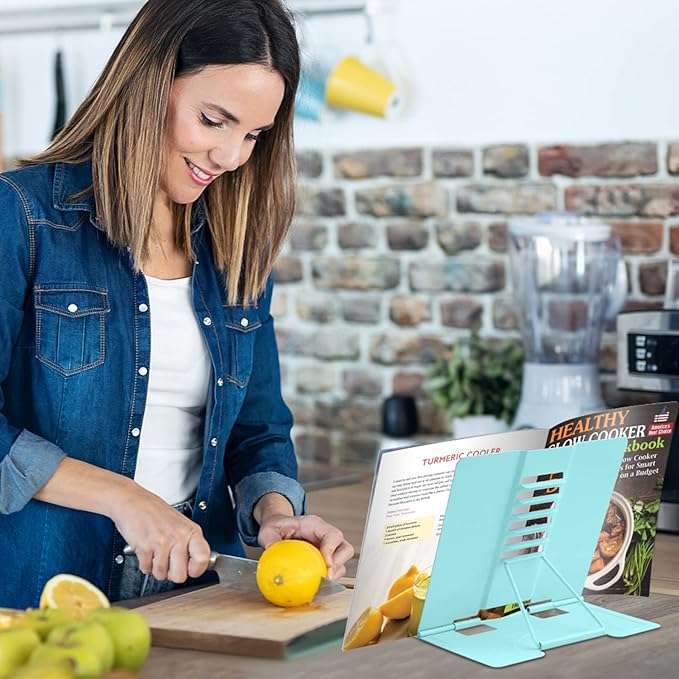 Honagu Metal Desk Book Holder, Hands Free Adjustable Cookbook & Document Holder, Ideal for Music Books, Textbooks, Recipes, Tablets & iPads (Light Lake Green)