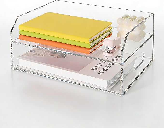 Paper Tray Organizer for Desk, 2 Tier Acrylic Desk Organizers and Accessories, One-Piece Integrated A4 Paper Organizer with Handles, Crystal-Clear Letter Tray & Compact Office File Holder