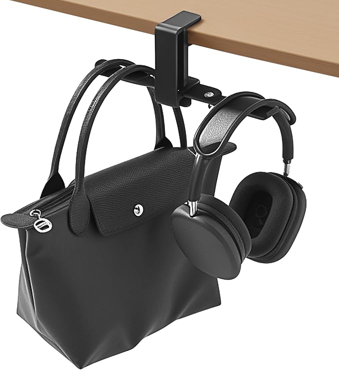 2 Hooks Aluminum Foldable Headphone Holder for Desk, Headset Stand for Desk,Backpack Holder Hook for Desk,Table Bag Hook,Under Desk Clamp Hook for Gaming PC Accessories,Black