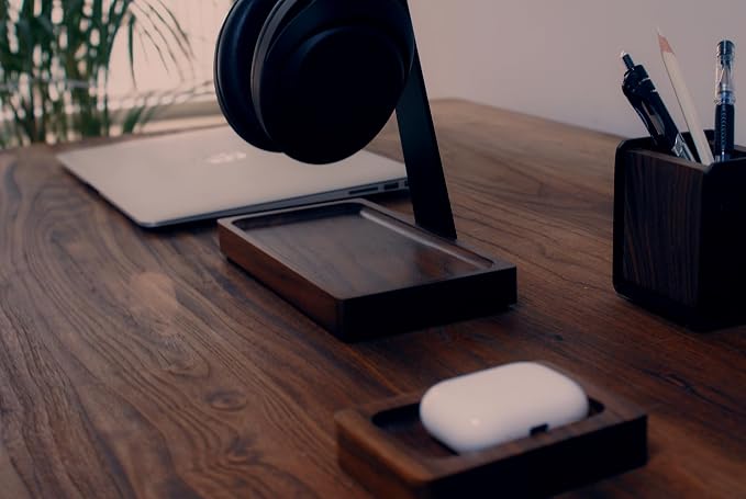 Walnut Headphone Stand, Wooden Headset Stand for Desk, Wood Gaming Headphone Holder with Storage Base for Airpod max, Bose, Razer, Sennheiser, Jabra, JBL, AKG, Vintage Gift for Men, Black