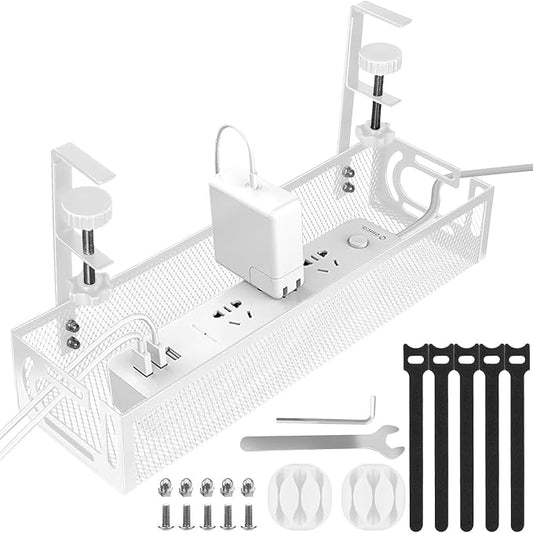 No-Drill Under Desk Cable Management Tray Tool-Free Installation with Dual Silicone Pads | No Adhesive, No Magnets, No Residue | Heavy-Duty Steel Construction for Wood & Glass Desktops (White)