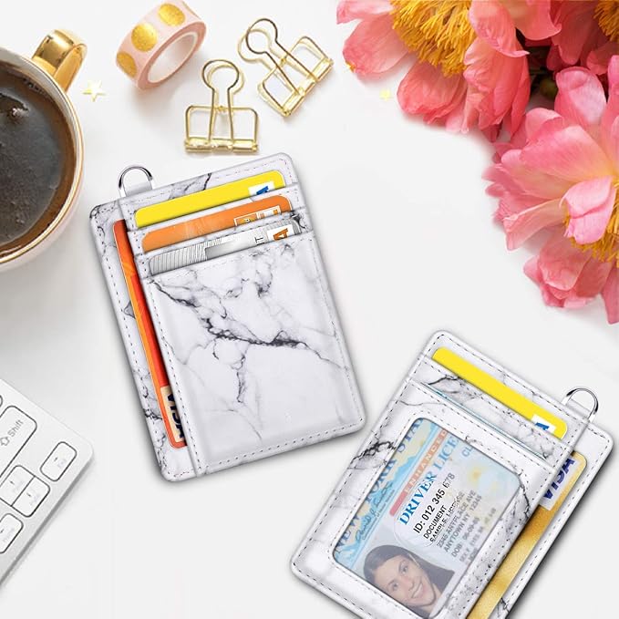 Coco Rossi Slim Front Pocket Wallet RFID Blocking Minimalist Credit Card Holder Wallet with D-Shackle for Women,White Marble